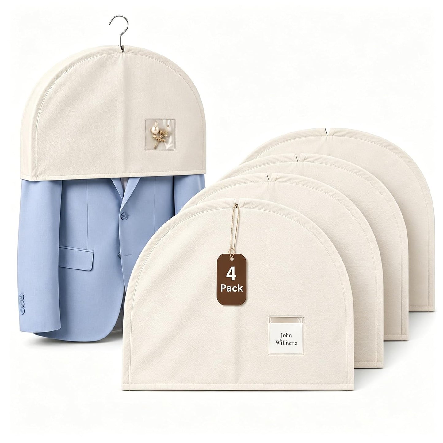 Orynthic 4 Pack Cotton Linen Shoulder Covers, Breathable Garment Cover with Clear Pocket for Hanging Clothes, Suits, Jackets