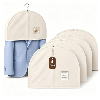 Orynthic 4 Pack Cotton Linen Shoulder Covers, Breathable Garment Cover with Clear Pocket for Hanging Clothes, Suits, Jackets