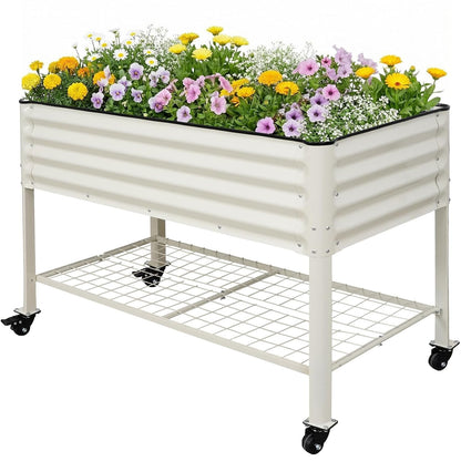 Elevated Raised Garden Bed Outdoor with Shelf, Wheels, 2' X 4', White | Galvanized Metal Planter Box, Drainage Holes, Leg, Gloves, Tools, Rubber Strips, for Backyard, Patio,Flowers, Herbs, Balcony