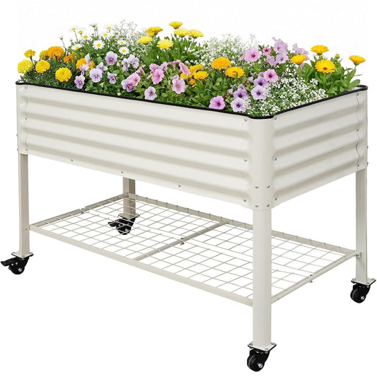 Elevated Raised Garden Bed Outdoor with Shelf, Wheels, 2' X 4', White | Galvanized Metal Planter Box, Drainage Holes, Leg, Gloves, Tools, Rubber Strips, for Backyard, Patio,Flowers, Herbs, Balcony