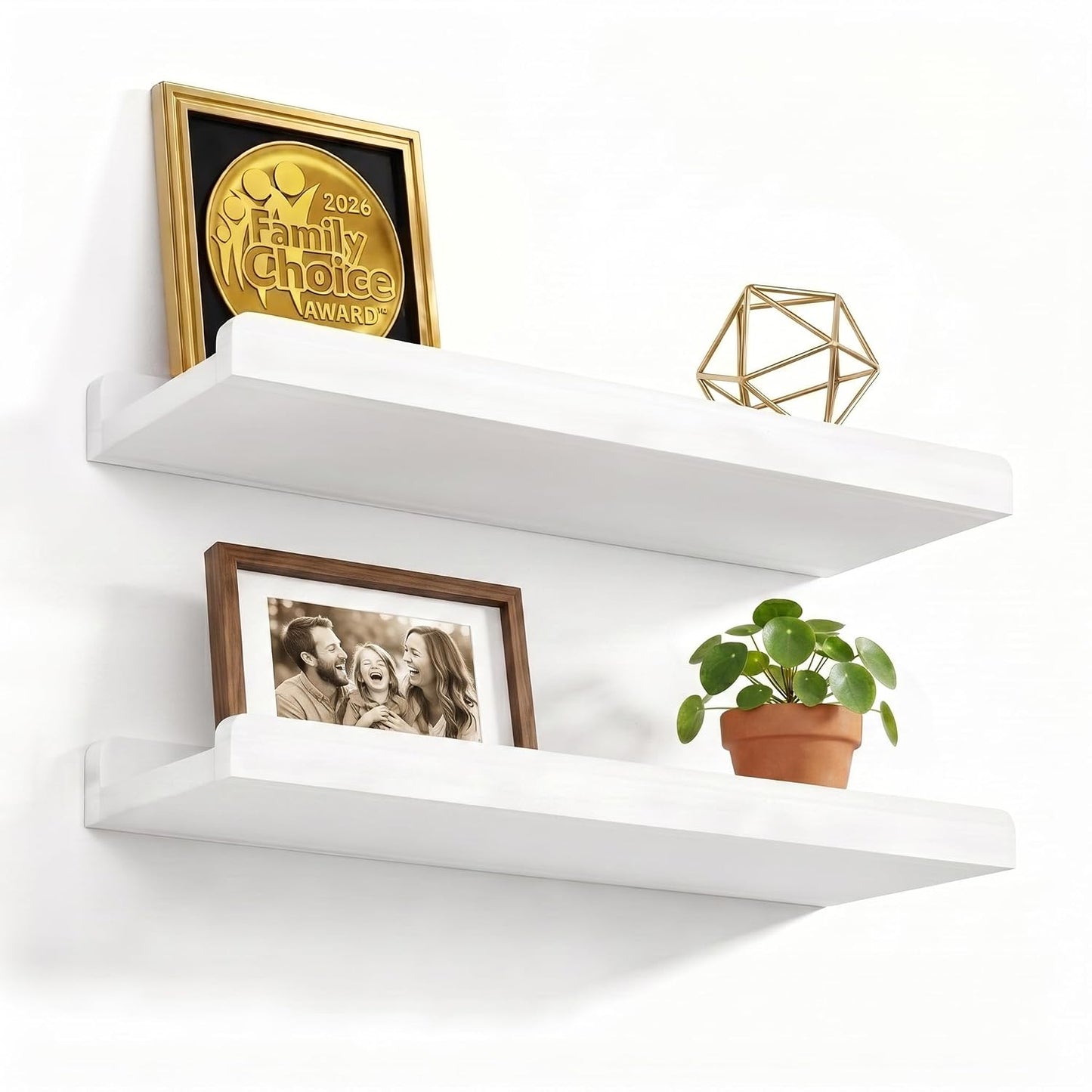 Love-KANKEI 17" White Floating Wall Shelves with Lip,Solid Wood,Set of 2 | Protective Ledge,Easy to Install,For Bedroom Living Room Bathroom Kitchen Office,Nursery Display,18 Lbs/shelf,Wall Decor