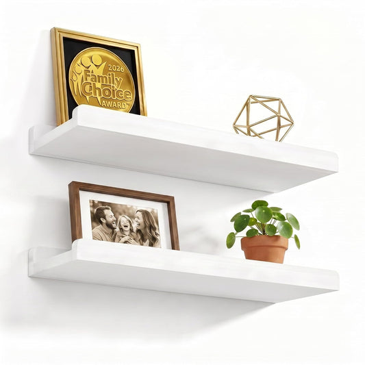 Love-KANKEI 17" White Floating Wall Shelves with Lip,Solid Wood,Set of 2 | Protective Ledge,Easy to Install,For Bedroom Living Room Bathroom Kitchen Office,Nursery Display,18 Lbs/shelf,Wall Decor