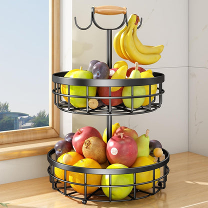 SAYZH 2 Tier Large Fruit Basket for Kitchen Counter with 2 Banana Hangers | Detachable Metal Bowls, Wooden Lift Handle, Versatile Holder for Bread, Snacks, and Veggies.