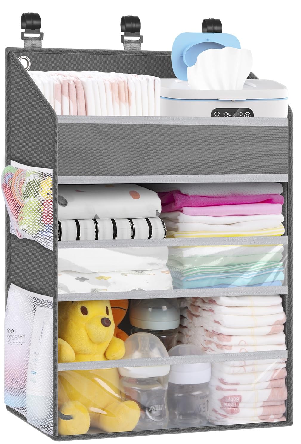 Hanging Diaper Caddy Organizer Crib Organizer–Spacious Baby Girl/Boy Nursery Storage Organizer for Changing Table, Playpen/Wall- Hold 90+ Diaper (Grey)