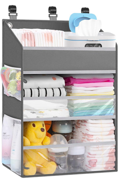 Hanging Diaper Caddy Organizer Crib Organizer–Spacious Baby Girl/Boy Nursery Storage Organizer for Changing Table, Playpen/Wall- Hold 90+ Diaper (Grey)