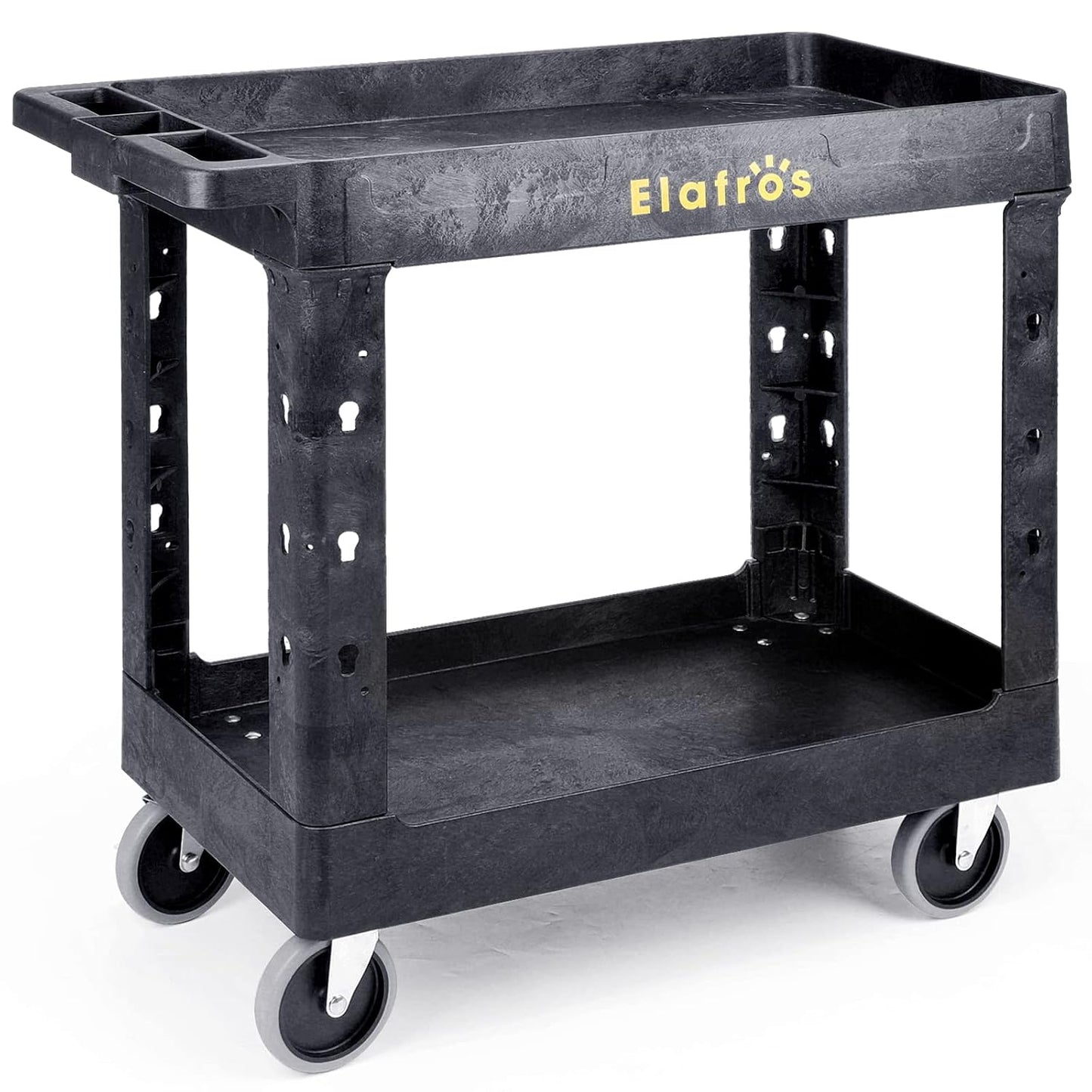2-Tier Utility Rolling Cart, 34 x 17 in, 5" Swivel Wheels, 550lb | Deep Tub Shelves, Plastic Service Cart, Work Cart, Tool Cart, Tub Storage Organizer, Warehouse Garage Cleaning Supplies