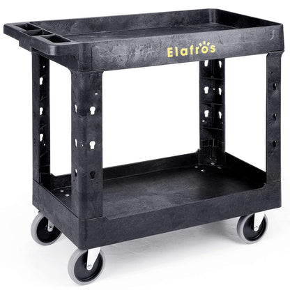 2-Tier Utility Rolling Cart, 34 x 17 in, 5" Swivel Wheels, 550lb | Deep Tub Shelves, Plastic Service Cart, Work Cart, Tool Cart, Tub Storage Organizer, Warehouse Garage Cleaning Supplies