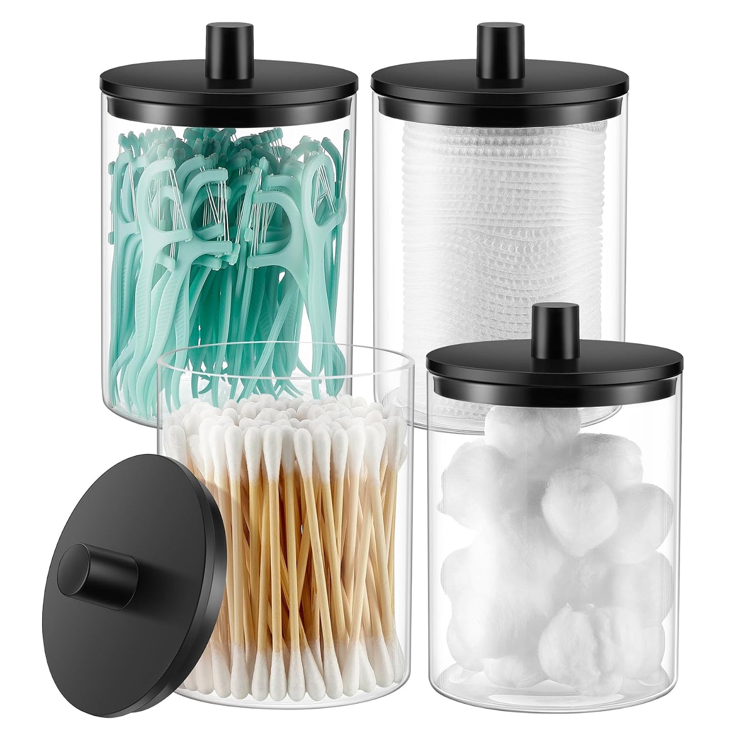 Glass Qtip Holder Dispenser - 10 oz Clear Canister Apothecary Jar, Bathroom Vanity Storage Organizer Set for Cotton Swabs, Pads, Floss Picks, Small Containers for Makeup Storage (4 Pack, Black)