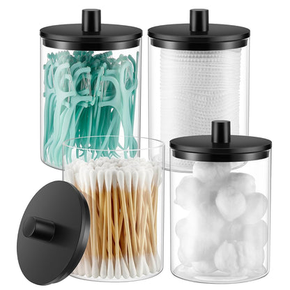 Glass Qtip Holder Dispenser - 10 oz Clear Canister Apothecary Jar, Bathroom Vanity Storage Organizer Set for Cotton Swabs, Pads, Floss Picks, Small Containers for Makeup Storage (4 Pack, Black)