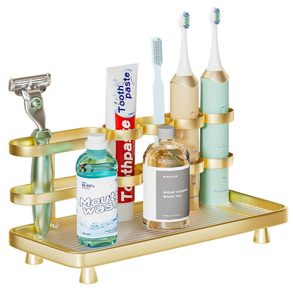 Electric Toothbrush Holder for Bathroom Countertop 5 Metal Slots Toothpaste Razor Mouthwash Organizer, Gold