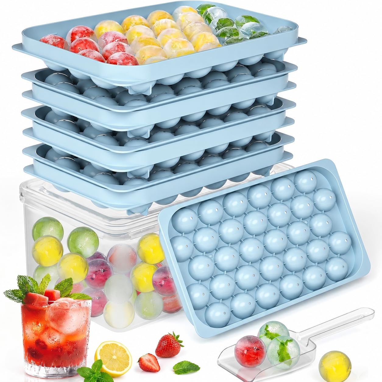Ice Cube Trays with Lid and Bin, BPA-Free Mini 0.8 Inch Sphere Ice Molds, 3-Pack Small Round Ice Ball Trays，，Easy Release, Includes Scoop & Ice Storage Box for Cocktails, Coffee