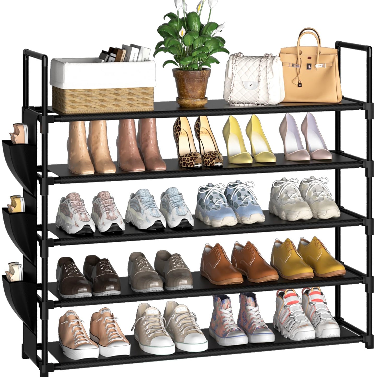 Shoe Rack 5 Tier 20-25 Storage Capacity Shoes Organizer | Closet, Entryway, Garage, Door Entrance, Space Saving Shoes Holder Stand, Sturdy Metal Free Standing Boot Shelf Tower Black