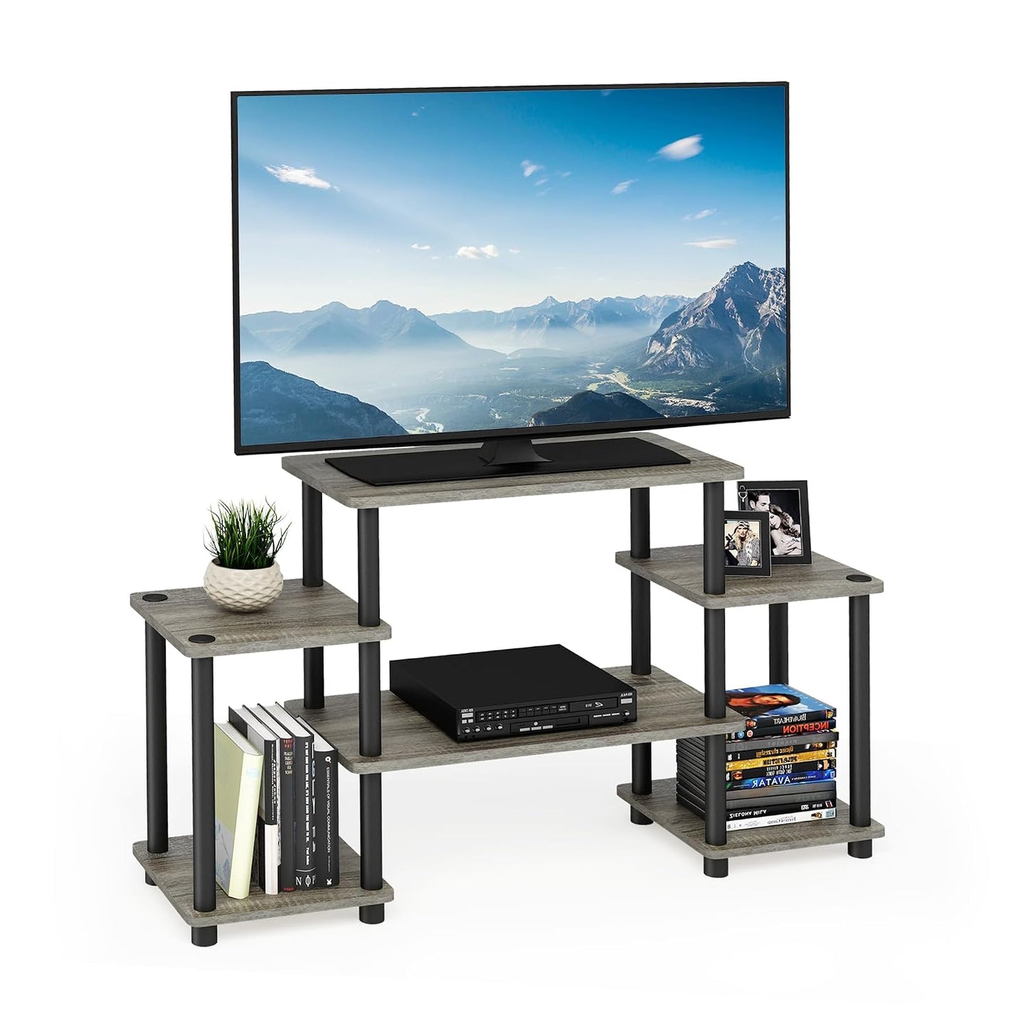 Furinno Turn-N-Tube No Tools Entertainment Center, Round Square Corner, French Oak Grey/Black | Raised Top, Open Shelves TV Console with for TV up to 32 Inch, for Living Room, Bedroom