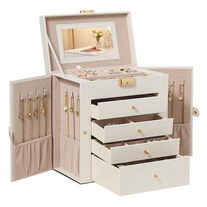 SONGMICS Jewelry Box Organizer, 5-Layer with 4 Drawers, Cream White | Jewelry Storage Case with Lock and Mirror, Large Storage Capacity, for Necklaces, Watches, Gift for Loved Ones UJBC153WD01S