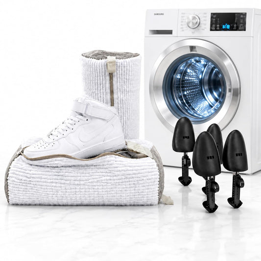 Shoe Washing Machine Bag - 360° Deep Cleaning White Laundry Shoe Bag for Washer and Dryer With Adjustable Shoes Trees - 2pc Reusable Shoe Cleaning Bag for Sneaker Tennis Shoes Unstain Cleaner Kit