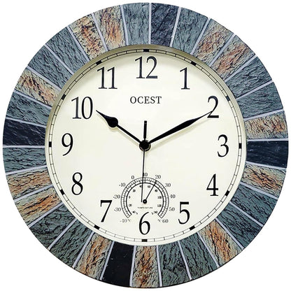 13 Inch Waterproof Indoor Outdoor Wall Clock with Thermometer, Brown | Silent non-ticking battery movement, brown easy-read dial for patio, pool, lanai, fence, porch, and garden