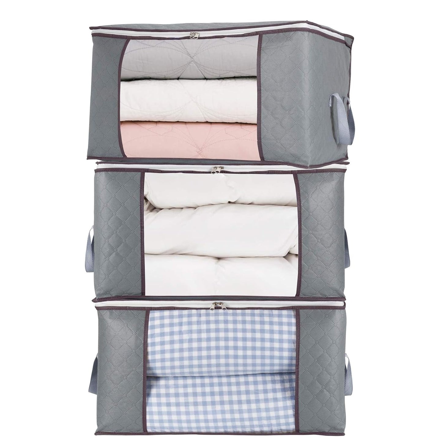 3Pcs Zippered Storage Bag for Closet King Comforter, pillow, quilt, bedding, Clothes, Blanket Organizers with Large Clear Window & Carry Handles Space Saver