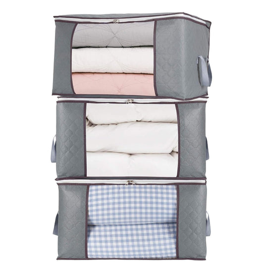 3Pcs Zippered Storage Bag for Closet King Comforter, pillow, quilt, bedding, Clothes, Blanket Organizers with Large Clear Window & Carry Handles Space Saver