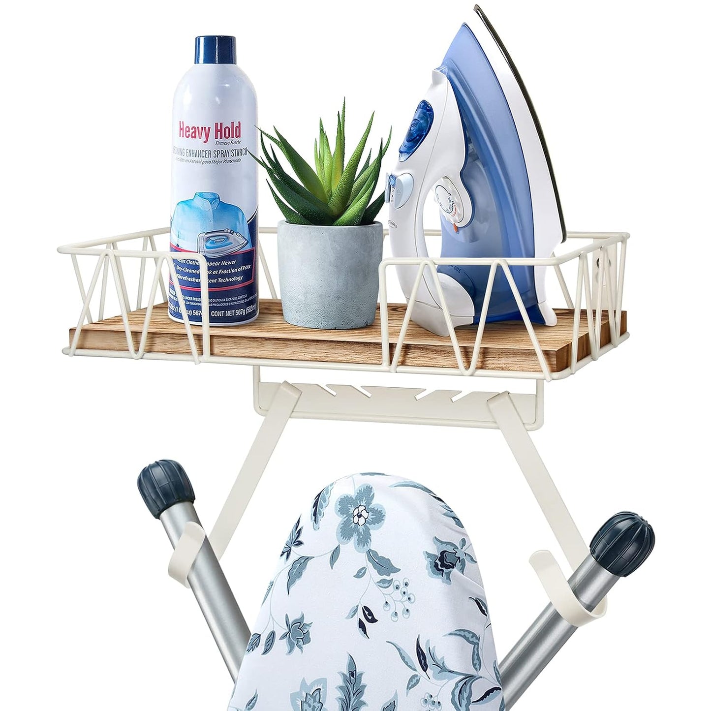 TJ.MOREE Ironing Board Hanger Wall Mount - Laundry Room Decor Iron and Ironing Board Holder with Large Storage Wooden Base Basket and Removable Hooks(T&V Shaped) Cream