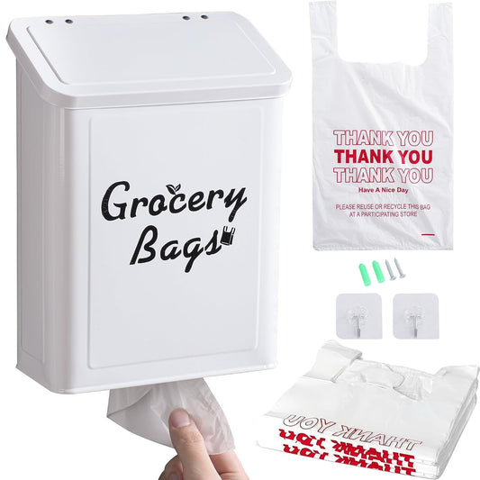 Metal White Magnetic Grocery Bags Holder, Farmhouse Wall Mount Plastic Bag Holder with 50pcs Shopping Bags, Trash Bag Dispenser for Kitchen, Garage, Laundry Room