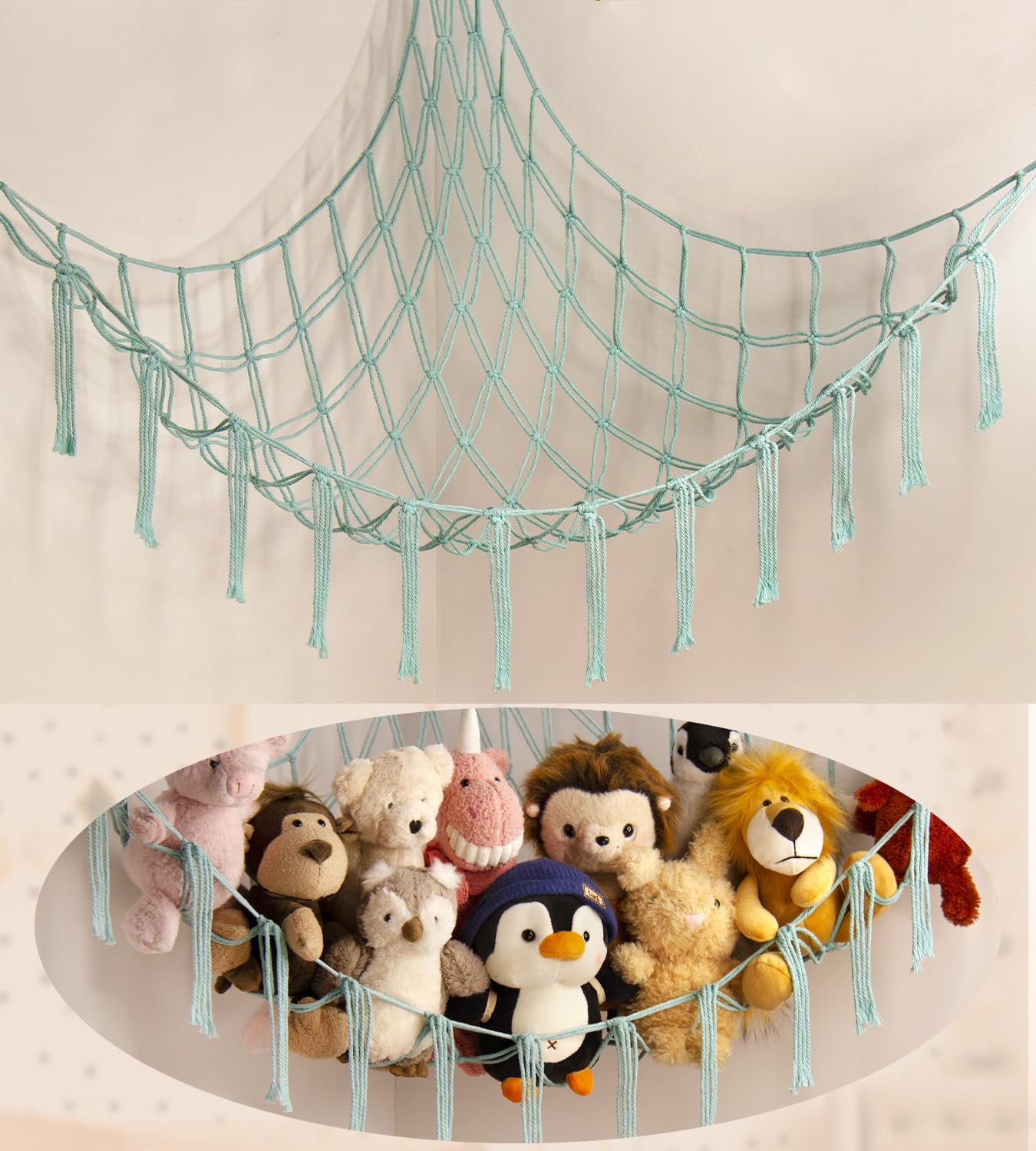 Stuffed Animal Hammock-Large Stuffed Animal Net For Toys Corner-Hanging Stuff Animal Toy Storage Organizer For Plush Plushie Display Light Blue Girl Room Bedroom Boho Nursery Decor Toy Storage