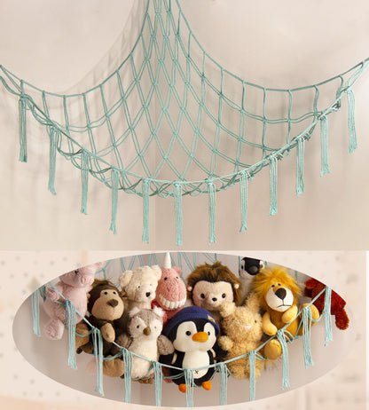 Stuffed Animal Hammock-Large Stuffed Animal Net For Toys Corner-Hanging Stuff Animal Toy Storage Organizer For Plush Plushie Display Light Blue Girl Room Bedroom Boho Nursery Decor Toy Storage