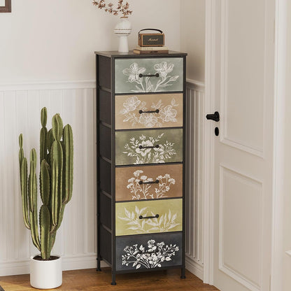 Vintage Dresser Vertical Nightstand with Neutral Botanical Plant Fabric Chest Drawers for Closet Bathroom Storage Tower Unit Bed Side Organizer Farmhouse Rustic (Multi, 6 Drawers)
