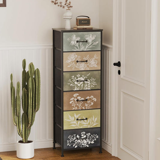 Vintage Dresser Vertical Nightstand with Neutral Botanical Plant Fabric Chest Drawers for Closet Bathroom Storage Tower Unit Bed Side Organizer Farmhouse Rustic (Multi, 6 Drawers)