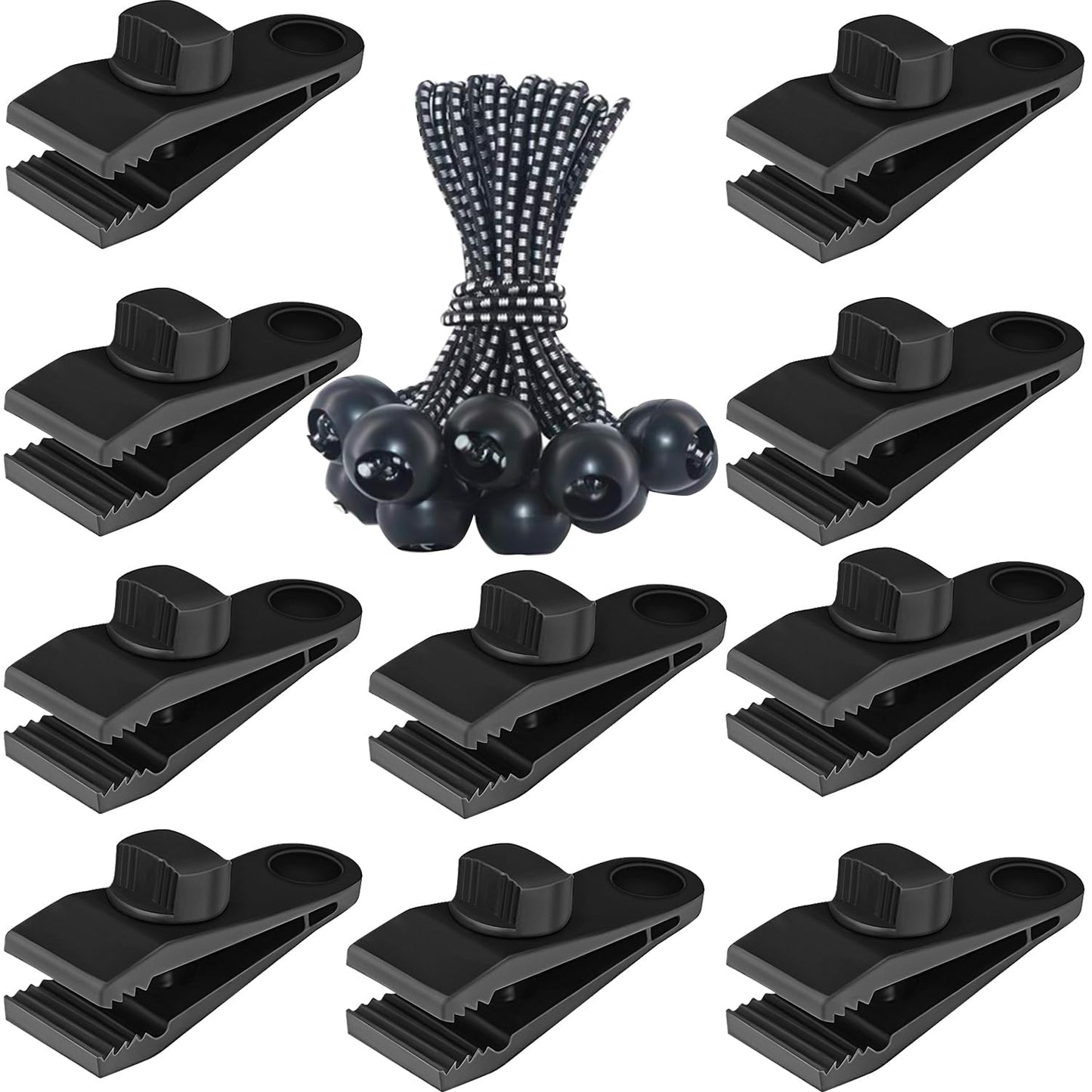 Tarp Clips Heavy Duty Lock Grip, 20 Pcs Tarp Clamps & Bungee Cords Set | Come with Storge Bag, Windproof Shark Tent Fastener Clip, Pool Cover Clip for Camping, Awning, Shade Cloth , Boat& Car Cover