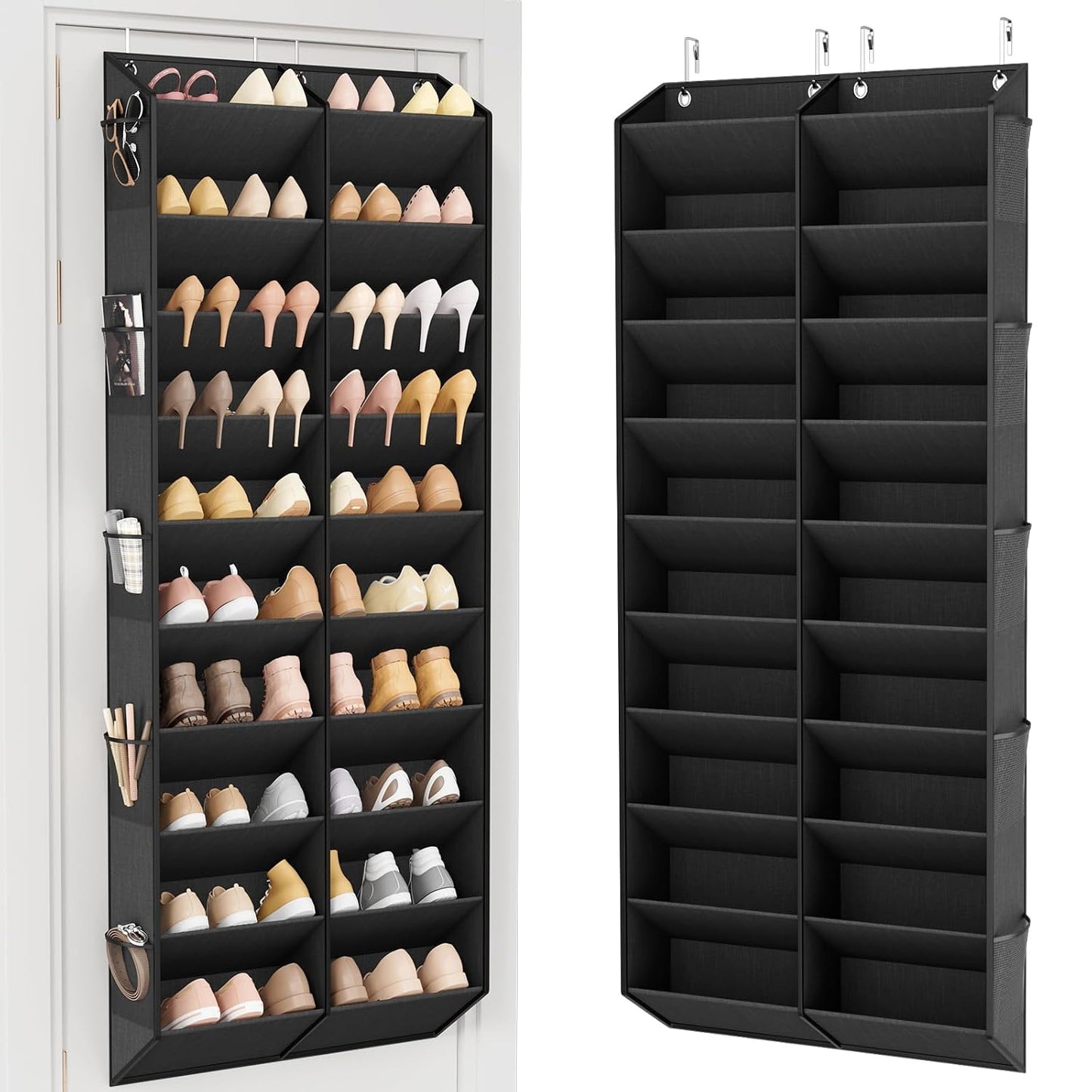LANTEFUL Over the Door Shoe Organizer, Hanging Shoe Rack for Closet Door Shoe Storage for 30 Pairs Sneaker and Boots, Large Shoe Holder for Door with 10 Side Pockets, Space Saving, Black