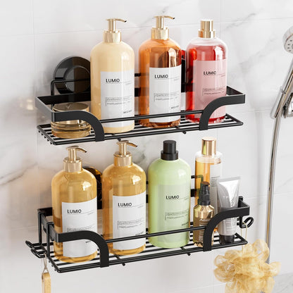 2 Pack Shower Caddy Suction Cup, Shower Shelves for Inside | Rustproof Bathroom Storage, NO Drill Bathroom Organizer, Heavy Duty Storage Basket, Black Shower Caddies, Metal Shower Shelf