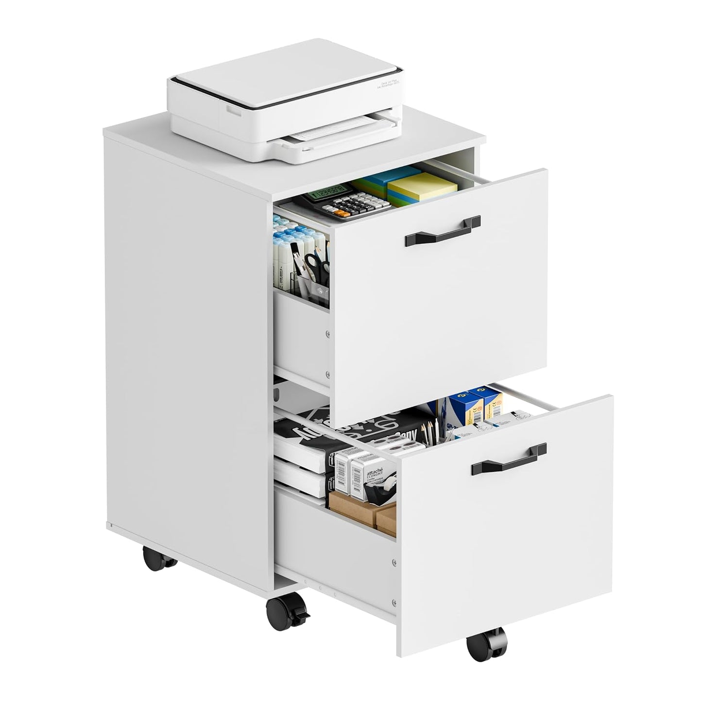 DUMOS 2 Drawer Filing Cabinet, Rolling Under Desk Storage, White | Not for Hanging Files, Printer Stand, Lockable Wheels, Mobile Wood Home Office Organizer