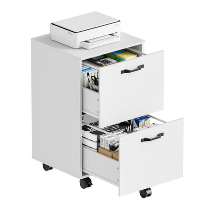 DUMOS 2 Drawer Filing Cabinet, Rolling Under Desk Storage, White | Not for Hanging Files, Printer Stand, Lockable Wheels, Mobile Wood Home Office Organizer