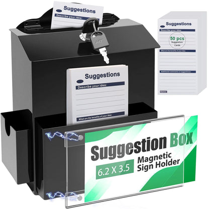 Metal Suggestion Box with Slot, Lockable Donation Box with Keys & 50 Cards | Wall/Tabletop Mounted Black Ballot Boxes, Magnetic Acrylic Sign Holder, 2 Storage Compartments, for Office School Church Shop