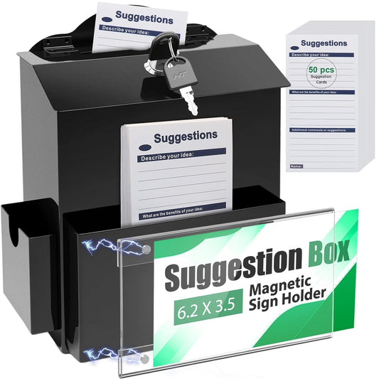 Metal Suggestion Box with Slot, Lockable Donation Box with Keys & 50 Cards | Wall/Tabletop Mounted Black Ballot Boxes, Magnetic Acrylic Sign Holder, 2 Storage Compartments, for Office School Church Shop