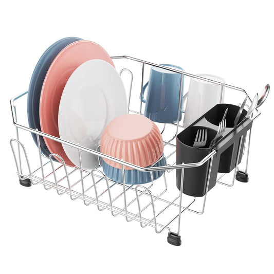 Small in Sink Dish Drying Rack - Stainless Steel for RV Kitchen | Compact Design for Apartments, 1-2 Person, Utensil Holder, Cup Hooks, Angled Corners Fit Square & Round Sinks, 11.6" x 13.4"