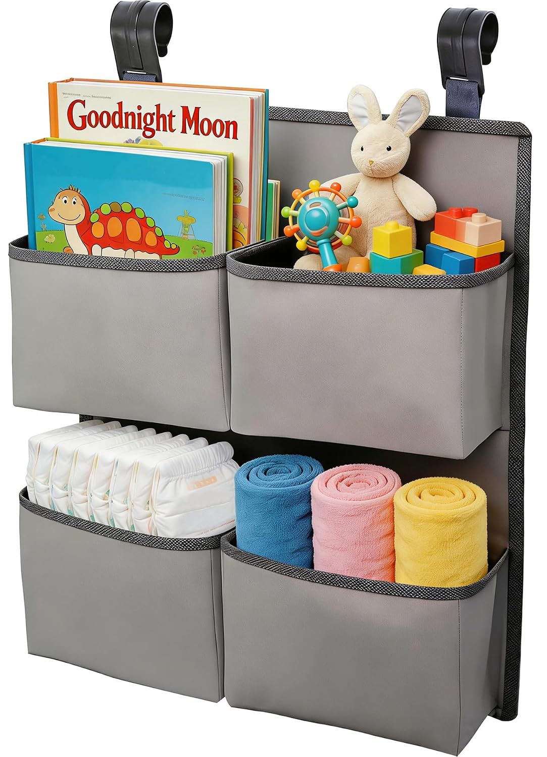 Hanging Diaper Organizer for Crib/Playpen/Bassinet/Playard – Hold 80+ Diapers - 4 Deep Pockets- Changing Table Diaper Holder Bag- Diaper Storage for Newborn Baby Essentials Stacker Caddy, Gray