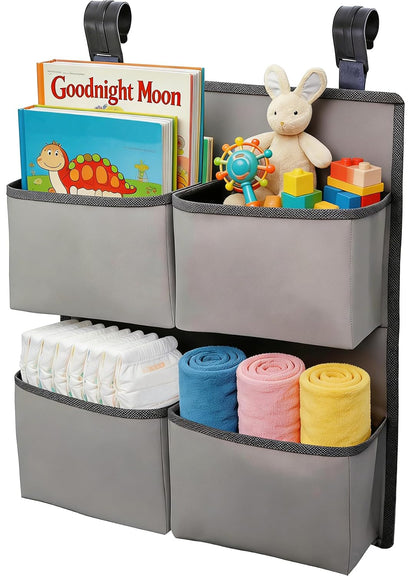 Hanging Diaper Organizer for Crib/Playpen/Bassinet/Playard – Hold 80+ Diapers - 4 Deep Pockets- Changing Table Diaper Holder Bag- Diaper Storage for Newborn Baby Essentials Stacker Caddy, Gray