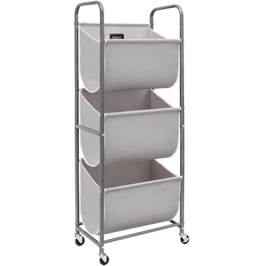 STORAGE MANIAC 120 Liters Vertical Rolling Laundry Hamper, 3 Section Laundry Sorter with Wheels and 2 Breaks, 3-tier Laundry Baskets for Small Space, Dorm, Laundry Room, Closet, Bathroom, Gray 3-tier
