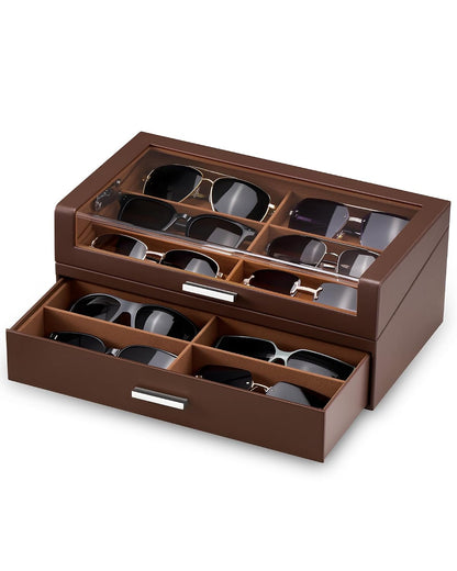 ProCase 12 Slots Sunglasses Box with L-Shaped Clear Lid -Espresso | Multiple Pairs Glasses Display Organizer Eyewear Eyeglass Eye Glass Storage Holder with Drawer for Men Women