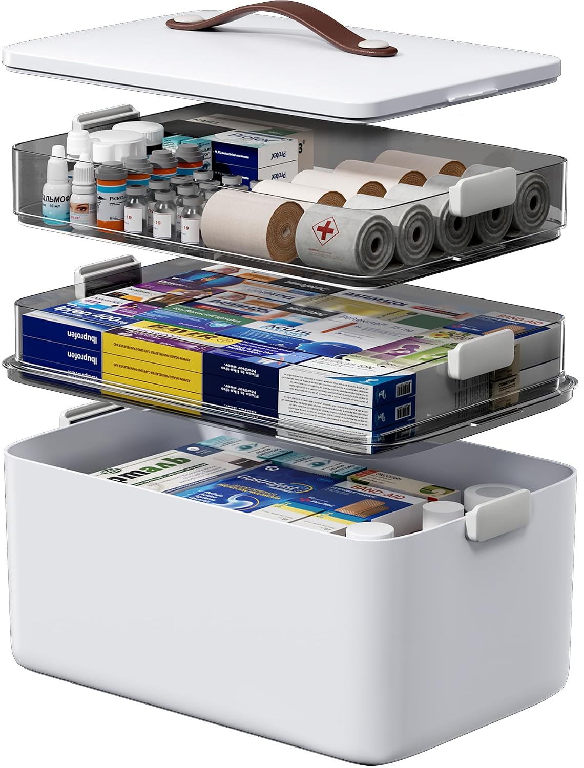 Medicine Organizer Box, 3-Tier | 3-tier medicine storage organizer with smoke-clear trays, side latches and a leather-style carry handle for home storage.