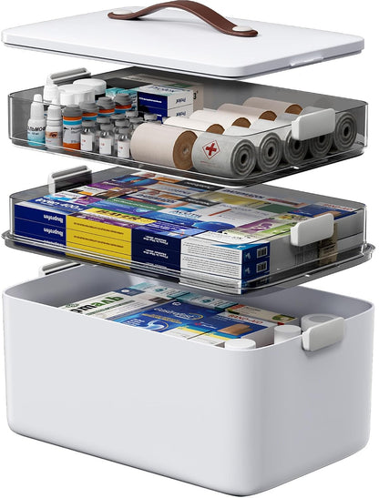 Medicine Organizer Box, 3-Tier | 3-tier medicine storage organizer with smoke-clear trays, side latches and a leather-style carry handle for home storage.
