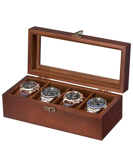 ProCase 4 Slot Wooden Watch Display Case With Glass Lid, Organizer | Elegant Wooden Watch Box With Glass Lid And Soft Lining For Men And Women, Ideal For Home Display And Birthday Gifts - Brown