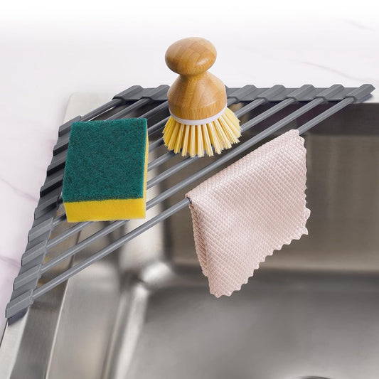 Corner Over the Sink Roll Up Drying Rack, Triangle... (Deep Gray | Iron, Silicone)
