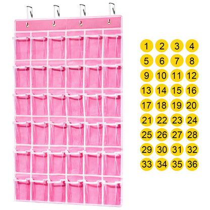 ANSTROUT 36 Clear Pockets Classroom Pocket Chart for Cell Phones, Pocket Chart Organizer for Calculator Holder with 36 Number Sticker Classroom Hanging Cell Phones Organizer (Pink)