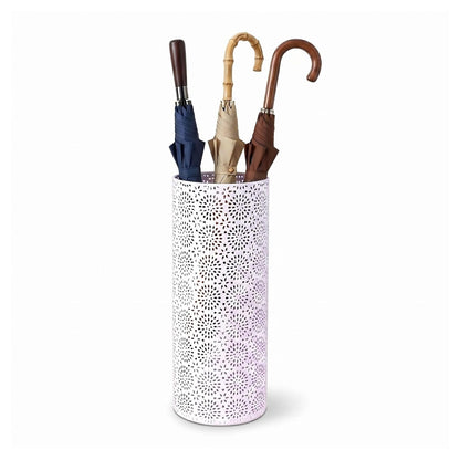 BEWBBAT Umbrella Stand Rack for Entryway, Free Standing Metal Umbrella Holder, Round Umbrella Organizer Bin with 3 Hooks for Long Short Umbrella, Walk Stick, Home Office Indoor, 17 x 7 Inch, White