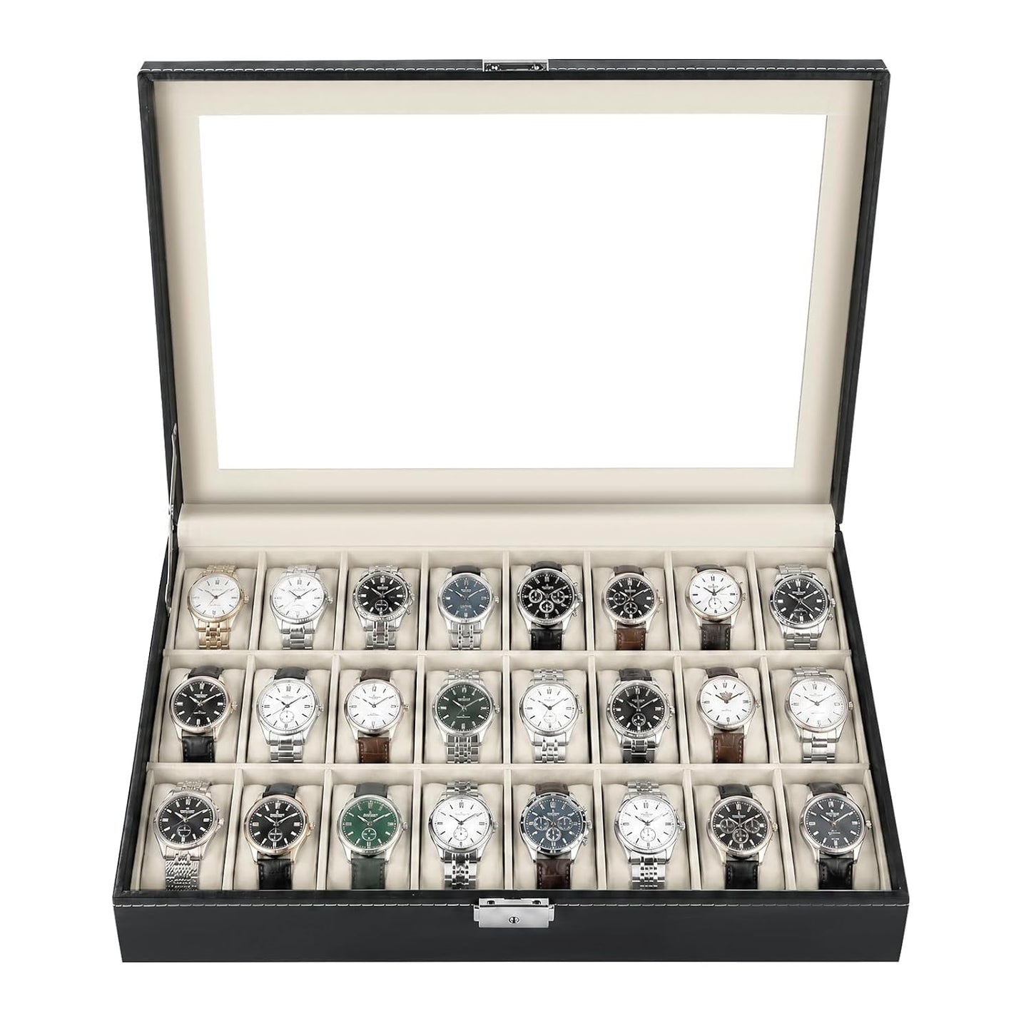 NATGAI Watch Box 24 Slots, Elegant Watch Display Case Glass Top (Beige) | PU Leather Watch Storage Box with Removable Cushion, Lockable Watch Holder Organizer for Men & Women