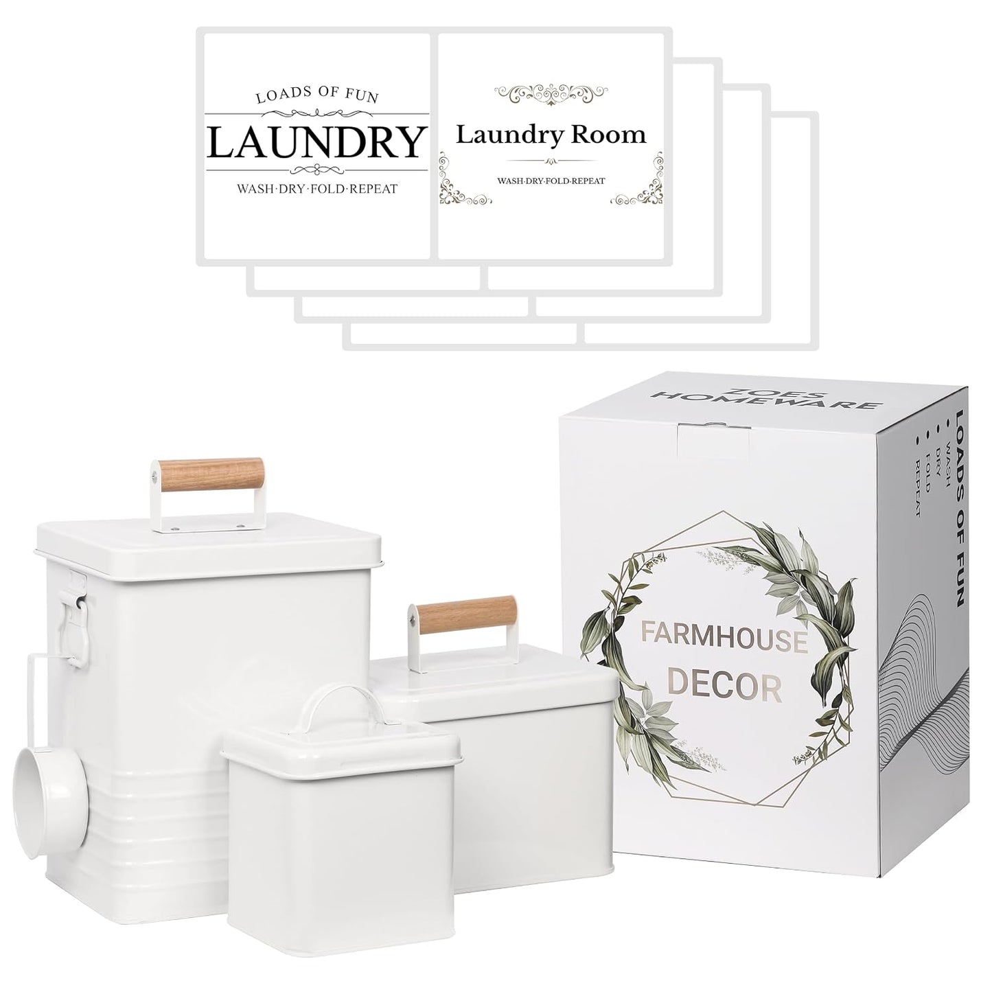 ZOES HOMEWARE 3-Set Laundry Room Organization and Storage | Modern Farmhouse Laundry Room Decor | Laundry Container for Organizing Laundry Pods, Laundry Powder, Dryer Sheets, Dryer Balls, Cream White