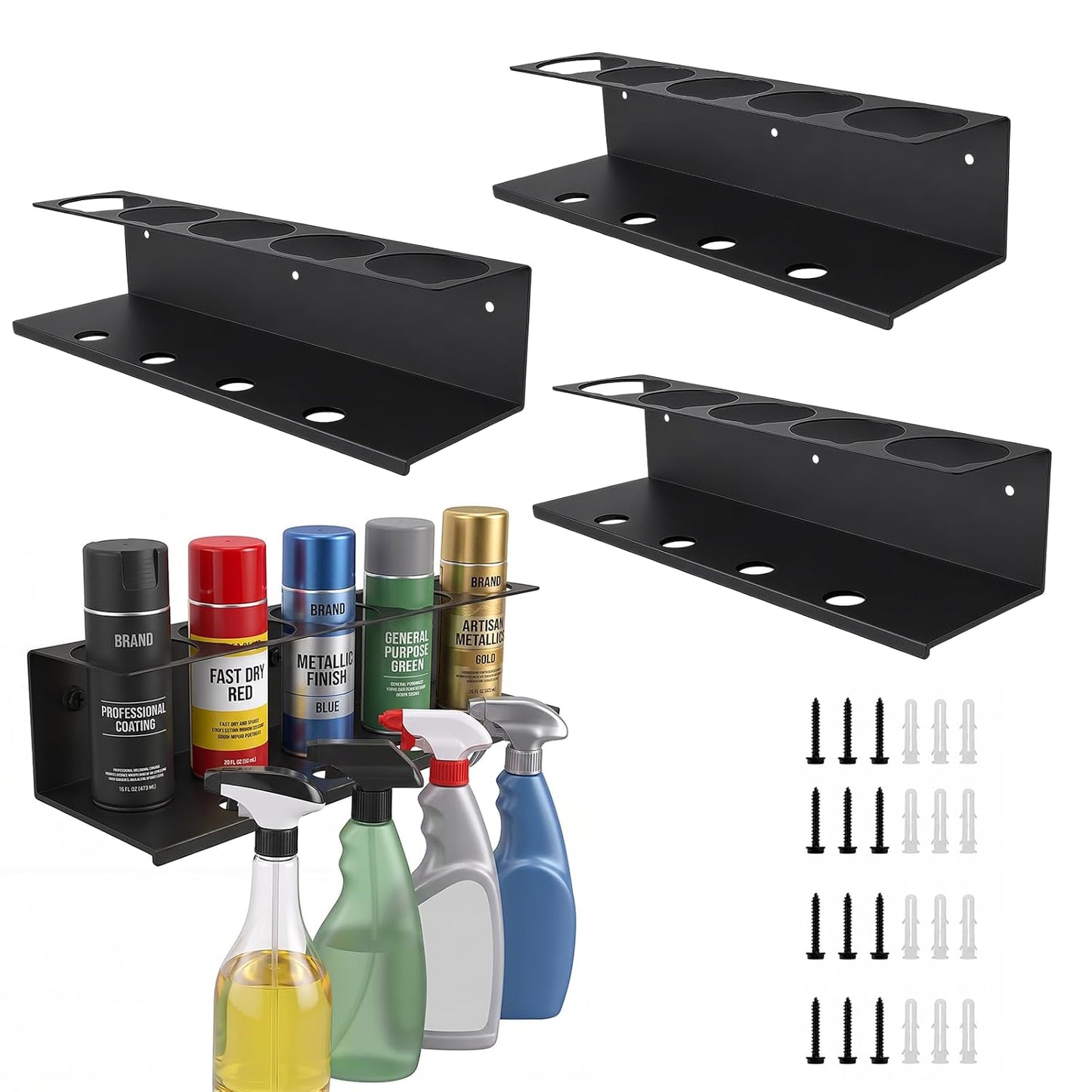 4Pcs Wall-Mounted Aerosol Spray Can Holder for Garage and Workspace | Steel Multi Hole Spray Bottle Rack, Flexibly Utilize Storage Space, Black Powder-Coated, No Assembly Required