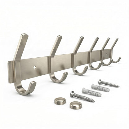 Coat Rack Wall Mount – Brushed Nickel 17 Inch Stainless Steel Hook Rail with 6 Heavy Duty Double Coat Hooks – Wall Mounted Coat Hanger for Entryway, Bathroom, Bedroom, Towel, Hat Organizer